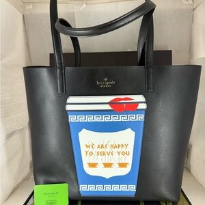 Kate Spade Black Tote with Blue Coffee Cup Graphic
